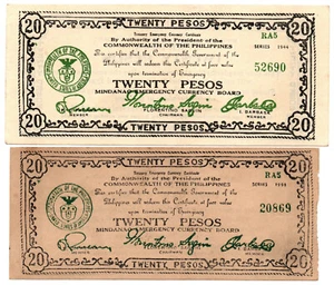1944 Filippine Provincia di Mindanao 20 Pesos S528 S528x NON SEGNALATO 10% più piccolo - Foto 1 di 4