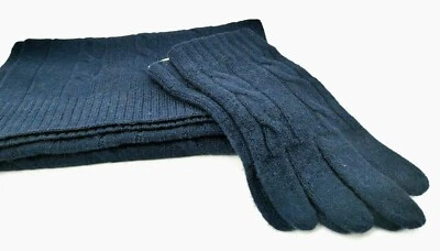 BROOKS BROTHERS 海军蓝 Cableknit 羊羔毛围巾和手套套装 全新带标签 — 第 1/4 张图片