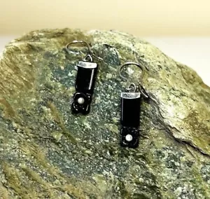 Natural Carved Black Onyx, Pearl, Sterling Silver Handmade Earrings, French wire - Picture 1 of 5