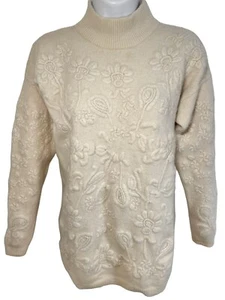 MARISA CHRISTINA Lambswool Angora Sweater Size SMALL Moc Neck Floral Embroidered - Picture 1 of 9