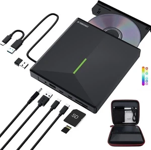 ORIGBELIE Lecteur CD DVD Externe USB 3.0 avec 4 Ports USB, Emplacements TF/SD + Étui - Photo 1/20