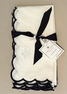 Set Of 4 Target Sugar Paper White With Black Scallop Trim Dinner Napkins 20”x20” - Image 1 of 4