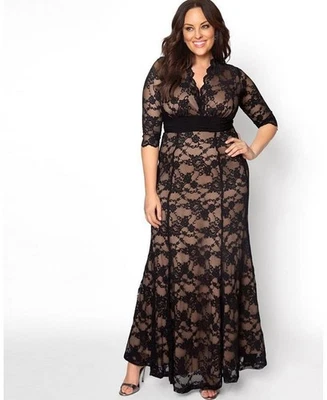 Kiyonna Maxi Screen Siren Dress Black Beige Lining 2X V Neckline Slimming Party - Image 1 of 4