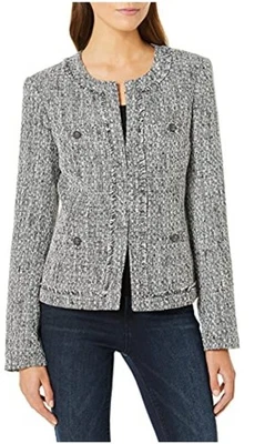 ¡NUEVO! Chaqueta Blazer Karl Lagerfeld Mujer Tweed 4 Bolsillos Negro/Blanco Talla 2 $149 Foto 1 de 4