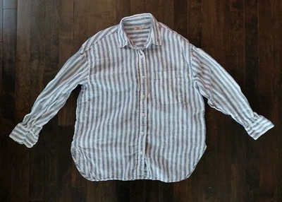 Camisa Faherty Feminina Tamanho XS Listrada com Botões 100% Linho Azul Branco Manga Longa - Imagem 1 de 4