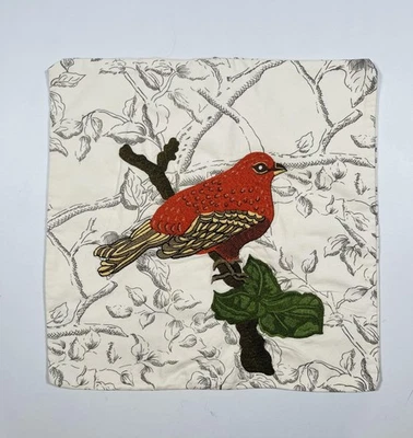 Pottery Barn Throw Pillow Cover Embroidered Red Bird Applique Botanical Nature - Image 1 of 4