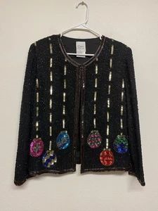 Chaqueta de seda vintage Kazer noche cuentas lentejuelas L adornos navideños - Imagen 1 de 9