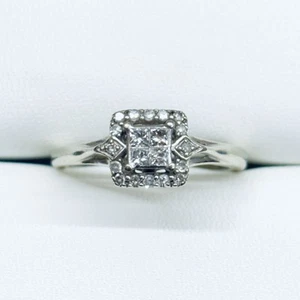 0.15 Ct 10k White Gold Princess Cut Diamond Halo Square Engagement Ring Size 7 - Picture 1 of 5