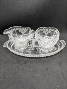 Vintage New Martinsville Creamer + Sugar + Tray Clear Glass Etched Flowers - Picture 1 of 6