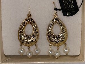 NIB QVC Etruscan Design 14K Gold Gemstone Drop Earrings, White Pearl!