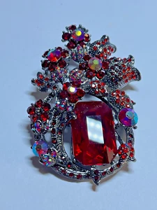 HUGE Red Aurora Borealis Silver Tone Floral Brooch Pin - A Stunner! - Picture 1 of 7