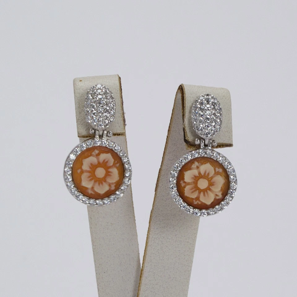 ORECCHINI IN ARGENTO 925 CON ZIRCONI E CAMMEI CORNEOLA FIORI AGHT 0704 - Immagine 1 di 1
