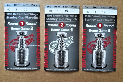 Red Wings 1998 Stanley Cup Playoffs Rounds 1,2,and 3 ticket stubs - Championship Cover