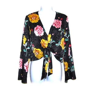 Topshop Women’s Satin Blouse US 2 Black Jacquard Floral Ruched Tie Waist Front - Picture 1 of 11