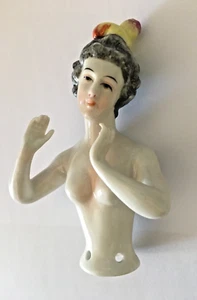 Antique Porcelain Pin Cushion Half Doll, elegant nude arms away fabulous hairdo! - Picture 1 of 9