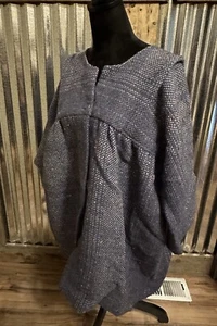 Women’s Twill Lagenlook Jacket Blue Gray One Button Up Pleat Shoulders Oversized - Picture 1 of 14