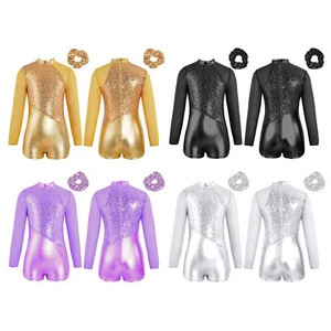Kids Girls Dancewear Long Sleeve Sets With Hair Tie Outfit Sparkling Bodysuit - Picture 1 of 53