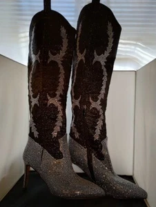 Rhinestone Western Stiletto Heel Pointed Toe Black Fashion Boots size 9 NEW - Picture 1 of 18