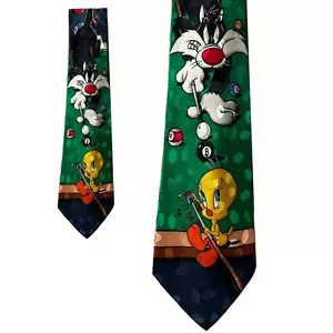 Vtg 100% Silk Picasso Tie Looney Tunes Sylvester And Tweety Pool Billiards 1995 - Picture 1 of 5