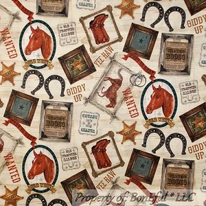 BonEful Fabric FQ Cotton Quilt Brown Horse Shoe Boot Boy Star Sheriff Hat US USA - Picture 1 of 12