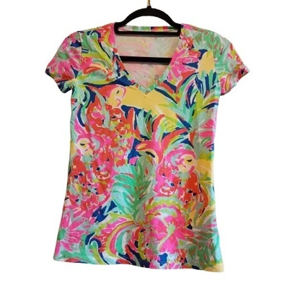 Camiseta Top Para Mujer Lilly Pulitzer Casa Banana Cuello en V XS 95/5 Algodón Spandex Foto 1 de 4