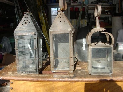 Linternas de vela de hojalata primitivas holandesas PA antiguas raras del siglo XIX Foto 1 de 4