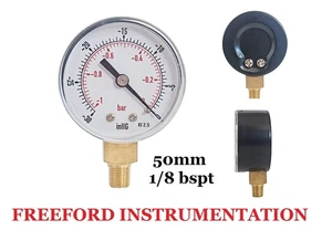Vacuum Gauge 50mm Dia -30*Hg & -1/0 Bar 1/8 BSPT Bottom connection 2.5% Acc - Picture 1 of 5