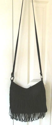 Bolso de Hombro Negro Genuino Gamuza con Flecos Cartera Bandolera Bobo Western Cremallera Foto 1 de 4