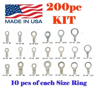 (200) Non-Insulated Ring Wire Terminal Connector Kit 22-18 16-14 & 12-10 AWG USA - Image 1 of 4