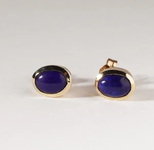 Vintage Oval Blue Cabochon 9ct Yellow Gold Stud Earrings Bezel Set Minimal - Picture 1 of 9