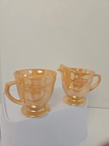 Fire King Pfirsich Glanz Zuckerdose & Milchkännchen Anchor Hocking Vertiefung Glas - Bild 1 von 2