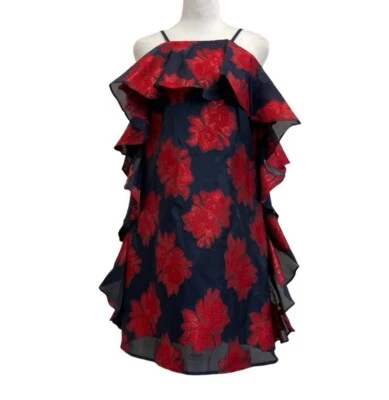 Badgley Mischka Belle Alicia Blue & Red Metallic Ruffle Mini Dress sz 2 Party - Image 1 of 4