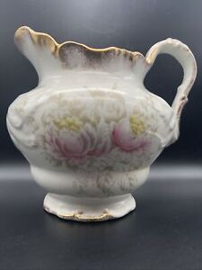 Antique Labelle China Pitcher Floral Design Gold Trim Marked Pink Gray YellowEUC