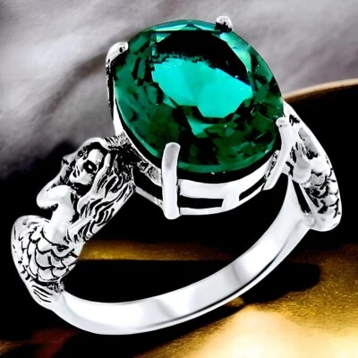 MERMAID RING VICTORIAN STYLE 925 STERLING SILVER SIMULATED EMERALD          #956 - Image 1 of 4