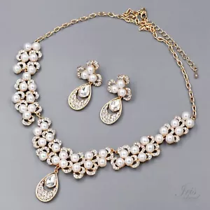 Jewelry Set Pearl Crystal Pendant Necklace Earrings Gold Plated Women Wedding 36 - Picture 1 of 6