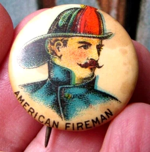 AMERICAN FIREMAN Antique Celluloid Pinback Button 1896 Handlebar Moustache - Picture 1 of 4