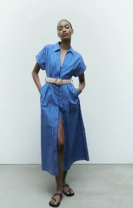 Zara women's blue white cotton striped with belt shirt midi dress size XL - Picture 1 of 7