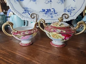 Antikes Nippon Morimura handbemalt Kohlrosen Zucker & Milchkännchen - Bild 1 von 24