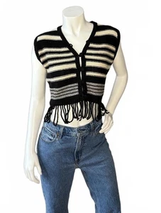 Michael Seroy Black White Striped Knit Fringe Vest Size S Vintage 90s  - Picture 1 of 4