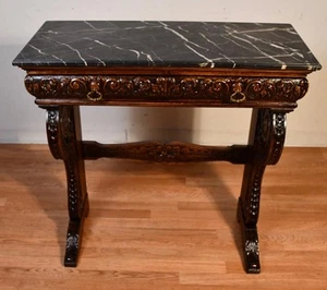 1900s Antique French Renaissance Revival carved Oak & Marble top Console table - Picture 1 of 16