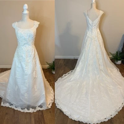 Mori Lee Y2K Bridal A-Line Gown Cap Sleeves Cathedral Train Lace Beading Sz 10 - Image 1 of 4