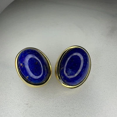 Chr. Dior Gold Tone Grose Glass "Lapis Lazuli" Cabochon Oval Clip On Earrings — 第 1/4 张图片