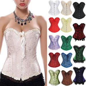 Women's Corsets Bustiers Floral Lace Tops Flower Print Vintage Gothic Overbust - Picture 1 of 37