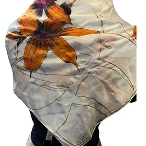 Anne Klein Silk Square Scarf Orange Flowers Gold Accent Made for Vera  1980 NWT - Picture 1 of 8