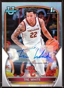 Autógrafos refractores Bowman Chrome University Prospect 2022-23 #32 Tre White - Imagen 1 de 3