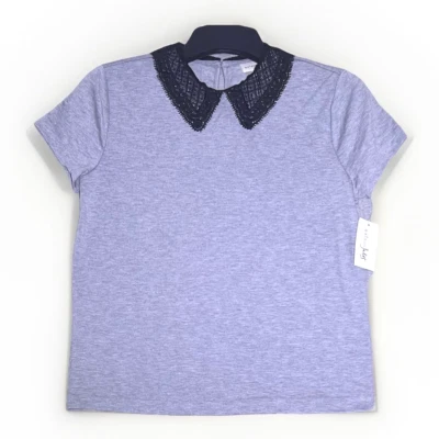 Maison Jules Lace Collar Short Sleeve Top Tee Size M Grey Black Coquette NWT - Image 1 of 4