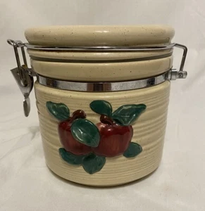Red Apple Green Leaf 3d Kitchen Canister Ribbed Stoneware 5.75 x 5.25 x 4.25" - Picture 1 of 5
