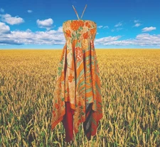 Women Summer Dresses, Sundress, Orange Handmade Boho Dress, Printed Uneven S/M