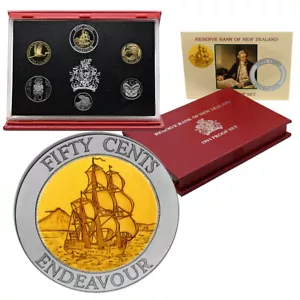 NEW ZEALAND 1994 Original Proof Set 'James Cook's H.M.S. Endeavour ' (6 coins) - Foto 1 di 4