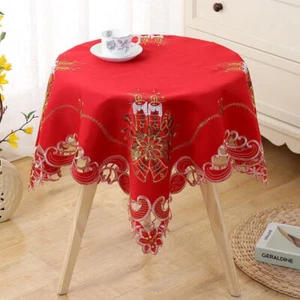 33" Red Vintage Christmas Embroidery Cutwork Lace Tablecloth Square Table Topper - Picture 1 of 8